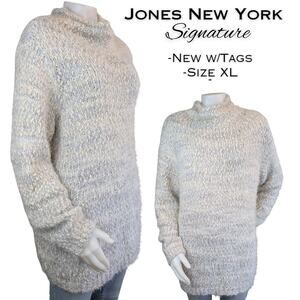 Jones New York Turtleneck Tunic Sweater XL Gray White Fuzzy Boucle Oversized NEW